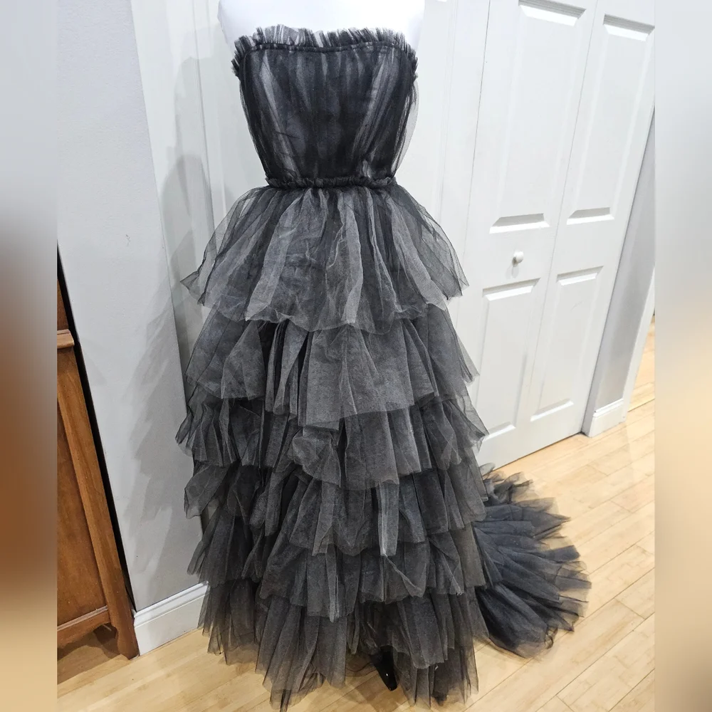 Dolls Kill Unholy Dramatic Flair Tiered Black Gray Tulle Maxi Dress Gown S - Picture 3 of 16